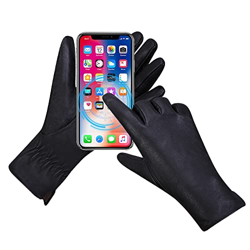 Mggmokay Damen Lederhandschuhe Touchscreen Kaschmir Gefüttert,Schwarz,L