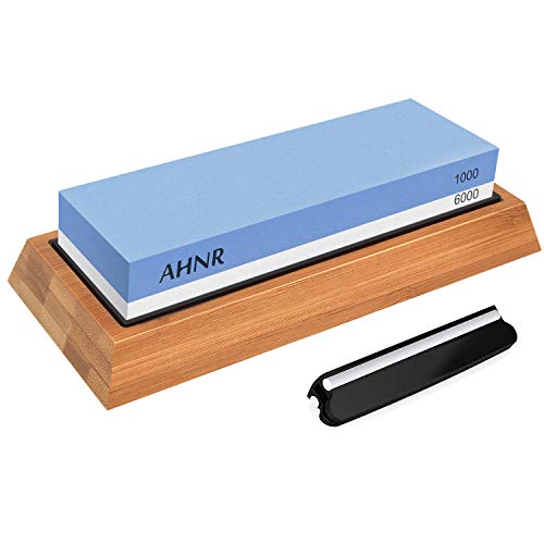 Whetstone Knife Sharpening Stone 2 Side 1000/6000 Grit Whetstone Sharpener Includes NonSlip Bamboo Base, Angle Guide, Polishing Tool for Kitchen, Hunting and Pocket Knives or Blades by AHNR