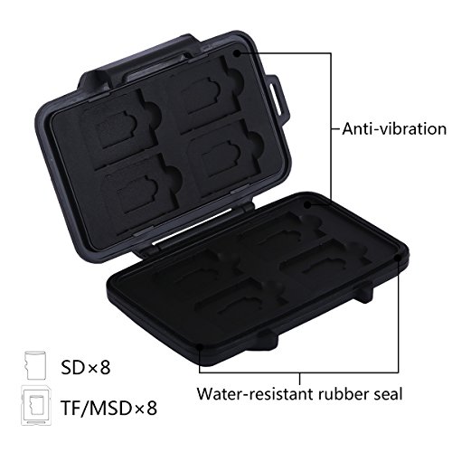 YOUKaDa Water-resistant Memory Card Case Holder Storage With Carabiner For 8 SD Cards & 8 Micro SD Cards (Black)