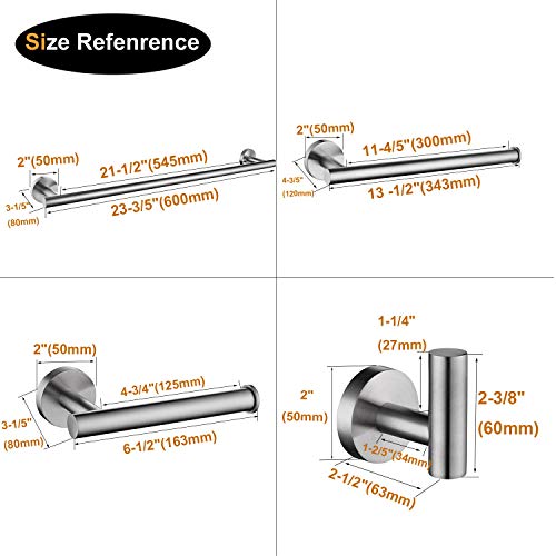 Nolimas 4-Pieces Set Brushed Nickel Bathroom Hardware Set SUS304 Stainless Steel Round Wall Mounted - Includes 23.6"&13.5" Towel Bar,Toilet Paper Holder, Robe Towel Hooks,Bathroom Accessories Kit