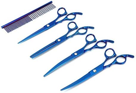 Hffheer Pet Grooming Shears Set, 7 Inch Dog Straight Curved Scissor 6.5inch Teeth Thinning Shears Professional Dog Cat Hair Dressing Shear Scissors Kit for Long Short Hair(Blue)