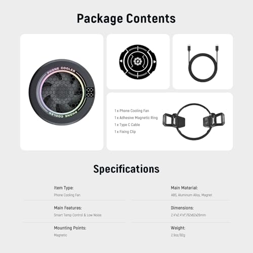 NEEWER BASICS Magnetic Phone Cooler, USB Cooling Fan for Phone, Temp Smart Control, RGB Light, Magnetic Ring Compatible with iPhone 15 16 Pro Max MagSafe Samsung iPad for Gaming, PA069