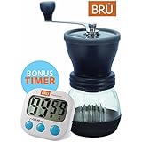 SALE! Manual Coffee Grinder - FREE TIMER INCLUDED! BRU USA Ceramic Hand Burr Coffee Mill - with Glass Storage Container and Protective Lid, Black