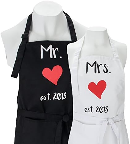 Mr. and Mrs. Aprons est. 2018 Gift Box Included - His and Her Wedding Gift, Bridal Shower or Engagement Gift, Newlyweds Couples, Funny Kitchen Cooking Bibs for Bride and Broom