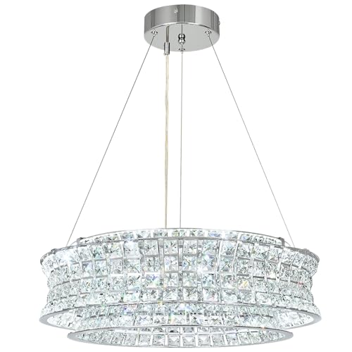 AOOCHOK Modern Crystal Chandelier for Dining Room, LED Chrome Pendant Lights, Round Crystal Pendant Light for Living Room, Hallway, Kitchen Island, D50cm