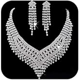 wekicici Bridal Rhinestone Necklace Earrings Set Simple Crystal Choker Necklace Tassel Earrings Wedding Accessories for Bridalmaid Women(silver)