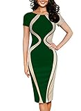 MABELER Women Colorblock Optical Illusion Short Sleeve Cocktail Work Pencil Dress (S, Green)