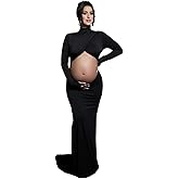 JustVH Women's Maternity Crossover Mock Neck Photoshoot Dress Split Mermaid Maxi Photography Gown for Baby Shower