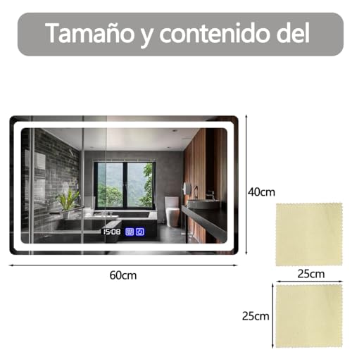 Espejo para Baño con luz LED,Espejo de 40x60cm,para tocador(Square 40*60cm) | Iluminación ajustable de 3 colores, eliminación de niebla, visualización de temperatura de tiempo.