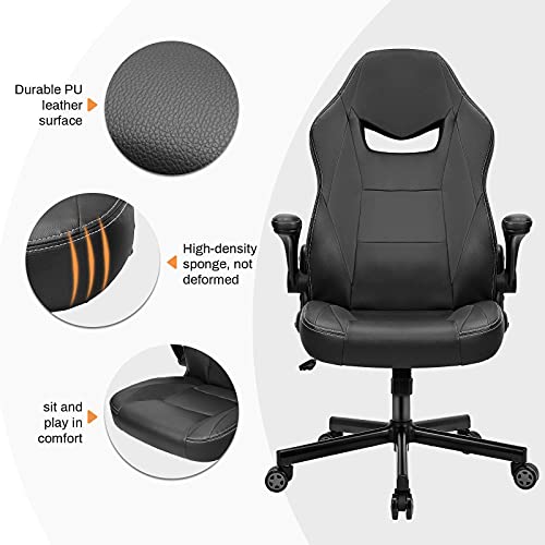 BASETBL-Silla-Oficina-Ergonomica-Silla-Gaming-Cuero-PU-con-Altura-Ajustable-Silla-Racing-Apoyabrazos-Abatibles-Silla-Escritoria-Giratoria-Carga-Max-150kg-Negro