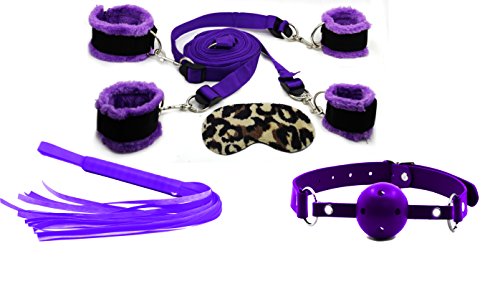 Fetish Bondage Restraints Mouth Gag, Floggers, Eyemask,Handcuffs and Anklestraint Set with Adjustab Cuffs Rele Strap (Purple)