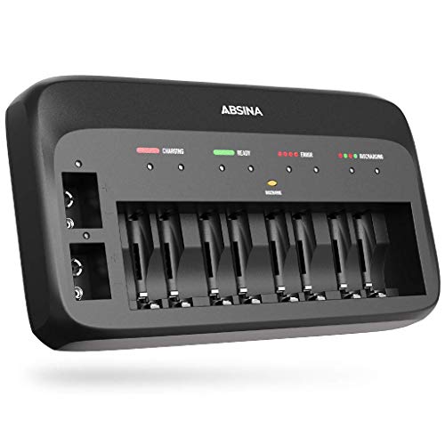 ABSINA Akku Ladegerät X10 für AA, AAA & 9V - NiMH Akkuladegerät 10-Fach
