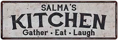 Amazon Com Salma S Kitchen Sign Pantry Decor Eat Decorations Welcome Signs Gather Laugh Moms Home Wall Art Rustic Farmhouse Cocina Tin Retro Coffee Gift 6 X 18 High Gloss Metal 206180051283 Furniture Decor