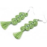 Handmade Green Crochet Tassel Earrings with Crystals, Genuine Thai Silk & Sterling Silver Hooks, Bohemian Dangle Earrings for Women