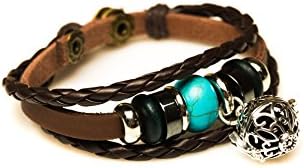 Essential Oil Diffuser Bracelet - Aromatherapy Jewelry - Brown Leather Band Bracelet with Turquoise Stone and Locket Charm