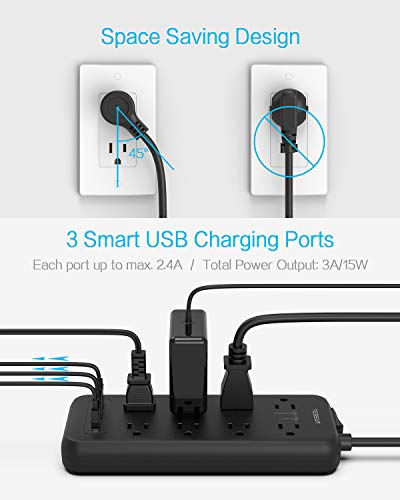 Surge Protector Power Strip, TESSAN 8 Outlets and 3 USB Ports 5Ft Long Extension Cord Flat Plug, 1875W/15A, 1700 Joules, Wall Mountable for Home, Office, School and Dorm Room Essentials, Black