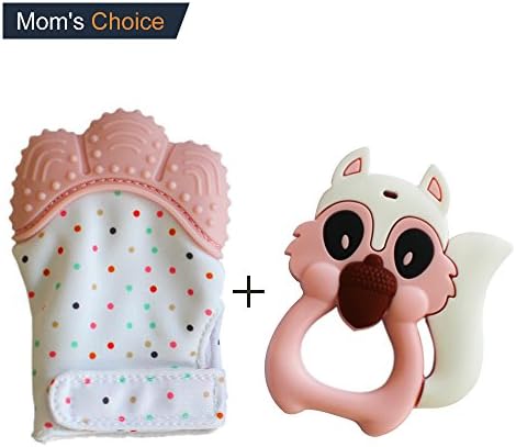 Baby Teething Mitten, Teething Toys for Babies Self-Soothing Pain Relief and Teething Glove BPA FREE 100% Silicone (similar to nipples &amp; pacifiers), and BPA &amp; Phthalates Free (Pink Teether + squirrel)