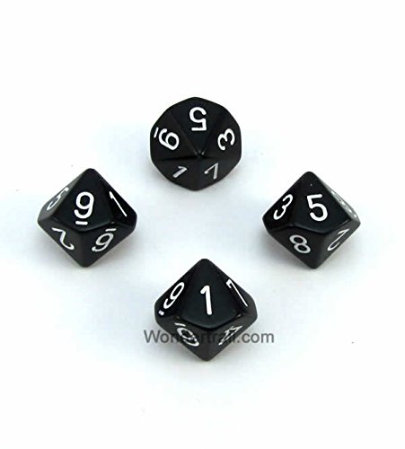 WCXPQ1008E4 Black Opaque Dice with White Numbers D10 Aprox 16mm (5/8in) Pack of 4 Dice Chessex