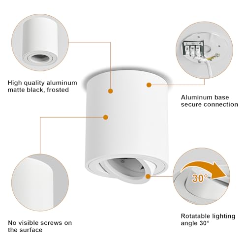 YindaLux Pack of 6 Surface-Mounted Spotlights, White, 30° Swivelling Surface-Mounted Spotlight with GU10 Socket, Diameter 80 x 84 mm, Aluminium Surface-Mounted Ceiling Spotlights, 230 V Surface Mounted Light for Bedroom, Office, Hotel, Round (without GU10 Lamp)