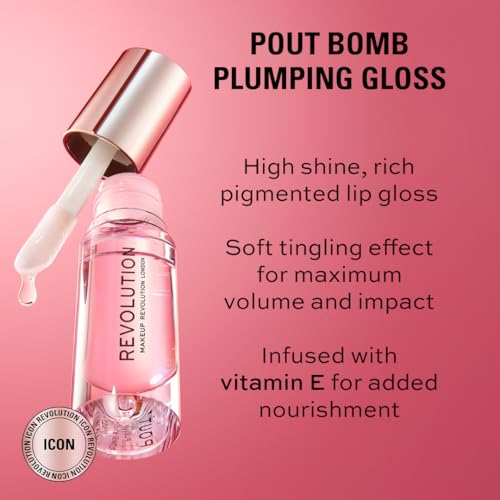 Revolution, Pout Bomb Plumping Lip Gloss, High Shine, Rich Glossy Pigment, Infused with Vitamin E, Glaze Clear, 0.15 fl oz