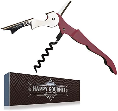 Waiters Corkscrew by Happy Gourmet Kitchenware - All-in-one Corkscrew, Wine Opener, Bottle Opener and Foil Cutter (Wine Red)