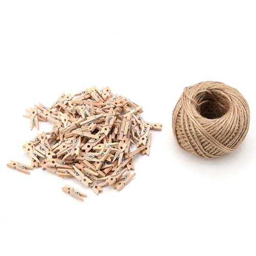 Walfront 250pcs Mini Wooden Clips Photo Clips Clothespin Craft Decoration Clips with 1 Roll 50 Meter Jute Twine Crafts Decor