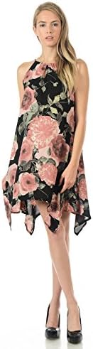 Upparel Women's Open Shoulder Floral Print Chiffon Casual Dress -Made in USA (Medium, UD101 Black / Mauve)