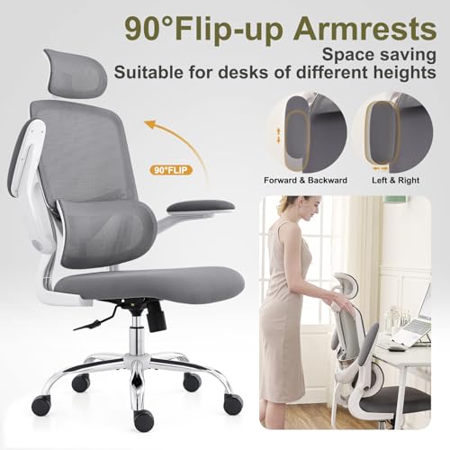TONFARY Ergonomic Home Office Chair, High Back Mesh Desk Chair with Adjustable Lumbar Support, Flip-up Armrest, Removable Headrest, Swivel Computer Gaming Chair, Space Saving, 150KG (White+Grey)
