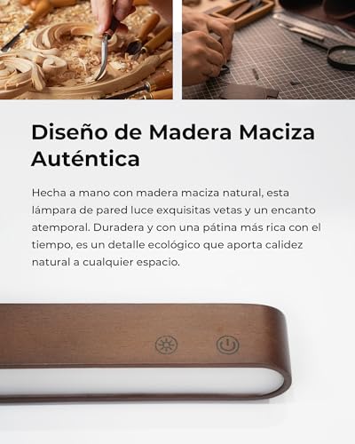 Ufanore Lampara de Pared, Juego de 2 Apliques de Pared Recargable y Inalámbricas, Madera LED Iluminación de Pared Magnético 360° con Control Remoto y Táctil, 3 CCT, 5 Niveles 15 Colores RGB, Nogal