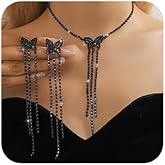 fxmimior Boho Fashion Black Rhinestones Butterfly Necklace Earrings Set Dainty Y Long Sexy Choker Necklace Black Halloween Christmas Necklace Earrings Set for Women