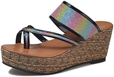 Btrada Women's Open Toe Platform Slides Ladies Sandals Summer Slip On Sequined Bling Wedge Heeled Slippers