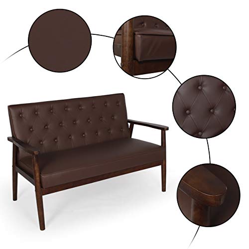 MidCentury Modern Faux Leather Loveseat Chair Wooden Arm 2Seater