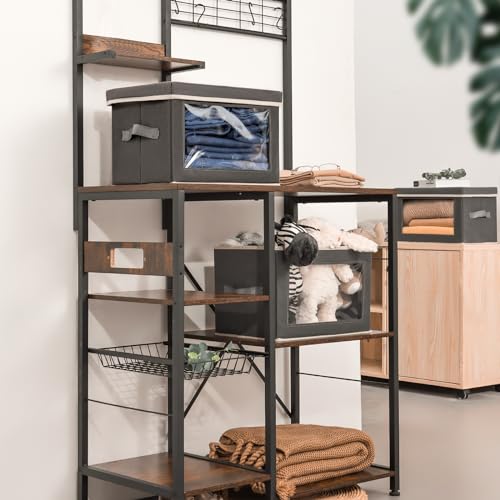 Homsorout Fabric Storage Boxes with Lids - 3 Pack Wardrobe Storage Organiser Bins with Transparent Window, Foldable Cube Storage Baskets for Toy, Clothes, Shoe, Books, Dark Grey