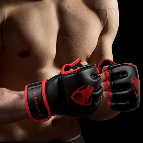 Liberlupus MMA Gloves, UFC Boxing Fight Gloves MMA Mitts with Adjustable Wrist Band for Sanda Sparring Punching Bag Training (Black & Red, L/XL)