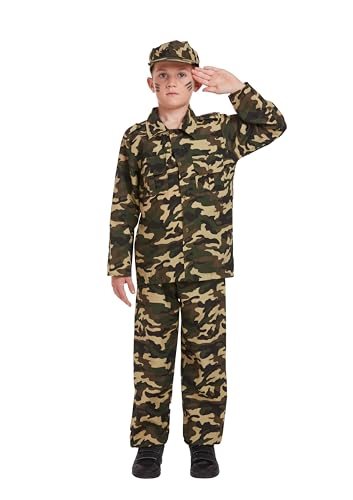 HENBRANDT Kinder Armee Junge Soldat Kostüm Militär Camouflage Uniform Dschungel Krieg Größe L Alter 10-12 Jahre Halloween Verkleidung für Jungen Soldat Outfit für Kinder