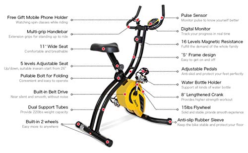 JOROTO Folding Upright Exercise Bike Magnetic Stationary Bike with Phone Holder Pulse Sensor 16 Level Resistance - Sitting & Standing