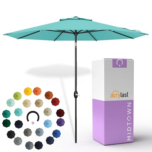 Midtown Umbrellas – The Lean 10 Ft Patio Umbrella with 10-Year-No-Fade Acrylast Acrylic Fabric, Auto-Tilt and 8 Reinforced Ribs for Deck, Pool, Garden, Hotel & Cafes – Azure Canopy, Black Pole at Amazon