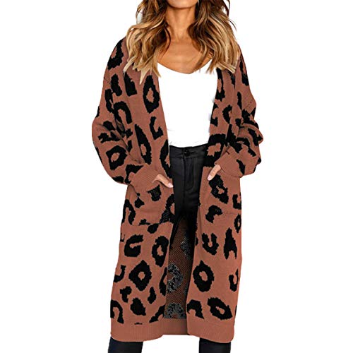 Borlai Women's Long Sleeve Casual Open Front Leopard Knitted Sweater Coat Cardigan Pockets (Coffee, S)