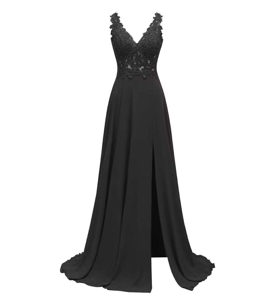 Photo 1 of ForElise Lace Applique Modest Bridesmaid Dresses Long Chiffon A-Line Black Gowns and Evening Dresses V-Neck Flowy Prom Dress with Slit Size 10