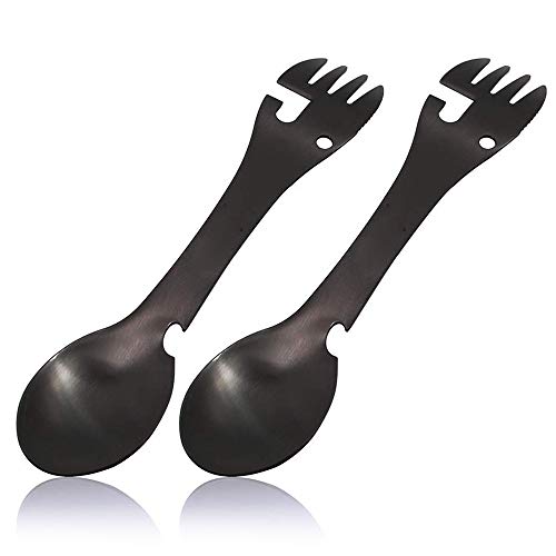 Multi-Function 5 in 1 Tactical Spork Travel Utensil 2PCS Multi Flatware Spork Camping Utensil Knife Spoon Fork Bottle Can Opener Multi Flatware Utensil Multitool for Home Use Travel Camping Outdoor
