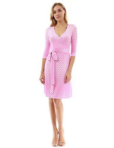 PattyBoutik Women Faux Wrap A Line Dress (Pink and White 20 Small)