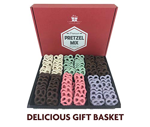 Chocolate Covered Pretzels Gift Box by Coco's Gift Baskets. 6 Assorted Flavors. Milk, Dark Chocolate, Blueberry, Key Lime, Strawberry, Yogurt. Perfect Nut Gift for Christmas, Friends, Family.
