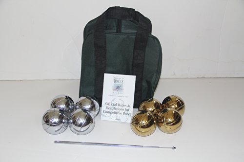 BuyBocceBalls Unique 73mm Petanque/Bocce Pack - with mix of 8 Gold/Silver Balls, green nylon case, rule book and extendable measuring device