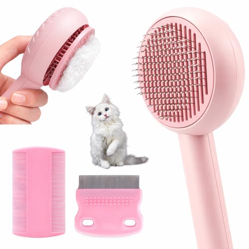 Flea Comb 7 Pieces Set for Cats and Dogs to Kill Fleas and Eggs, Kitten Comb Stainless Steel Lice and Tick Combs for Cats (Pink Colour) (Hair Brush)