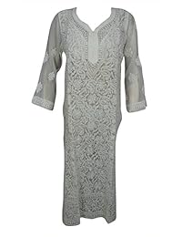 Women Long Kurta White Embroidered Sheer Georgette Tunic Dress S/M