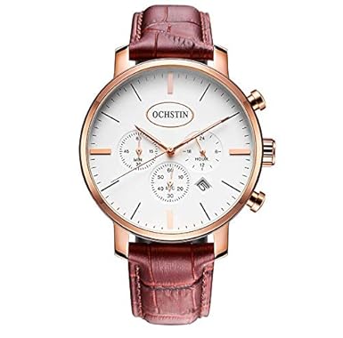 Ochstin Business Casual Full Chronograph Auto Date Slim Watch with Brown Leather Strap for Men and Boys