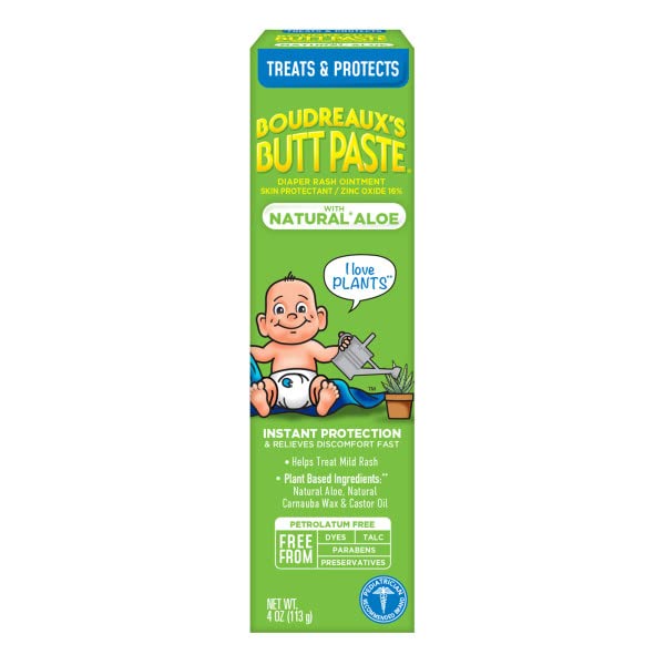 BOUDREAUX’S BUTT PASTE WITH NATURAL ALOE DIAPER RASH CREAM, OINTMENT FOR BABY, 4 OZ. TUBE