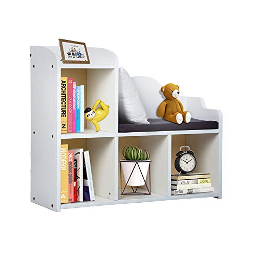 NA Bookshelf for Kids with Cushion Reading Nook, White Bookcase for