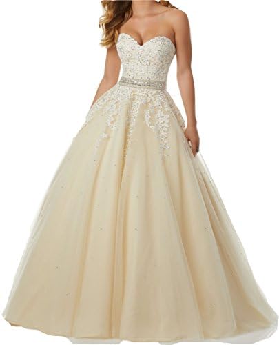 ZhixingKJ Women's Sweetheart Tulle Prom Dress with Beaded Lace Bodice Evening Party Gowns Size 12 Champage