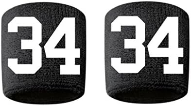 CustomSweatbands#34 Embroidered/Stitched Sweatband Wristband Black Sweat Band w/White Number (2 Pack)